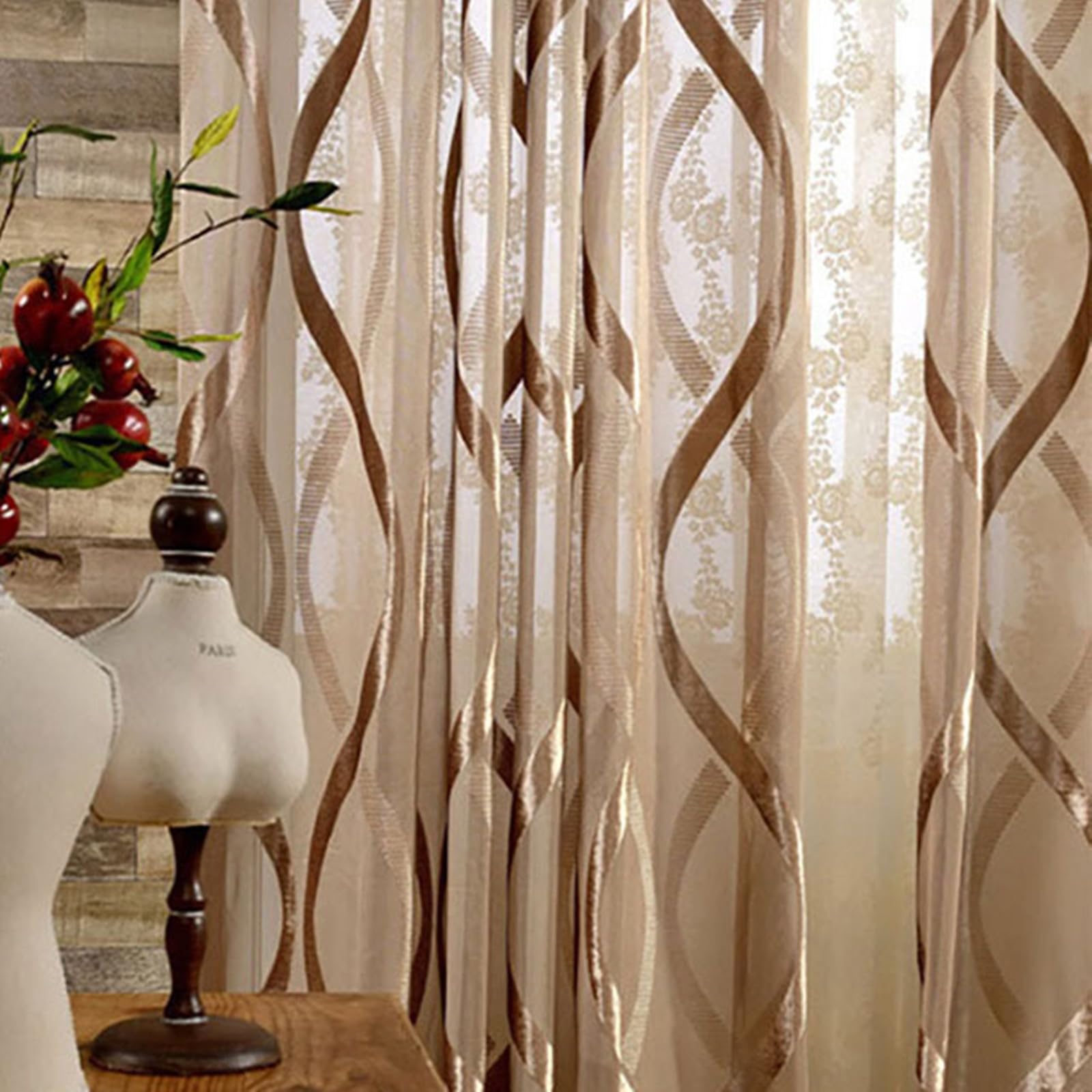 AMDXD Braun Halbtransparent Voile Vorhangschals mit Ösen, Welle Muster Transparente Vorhang Voile Polyester, 132x244CM(BxH)