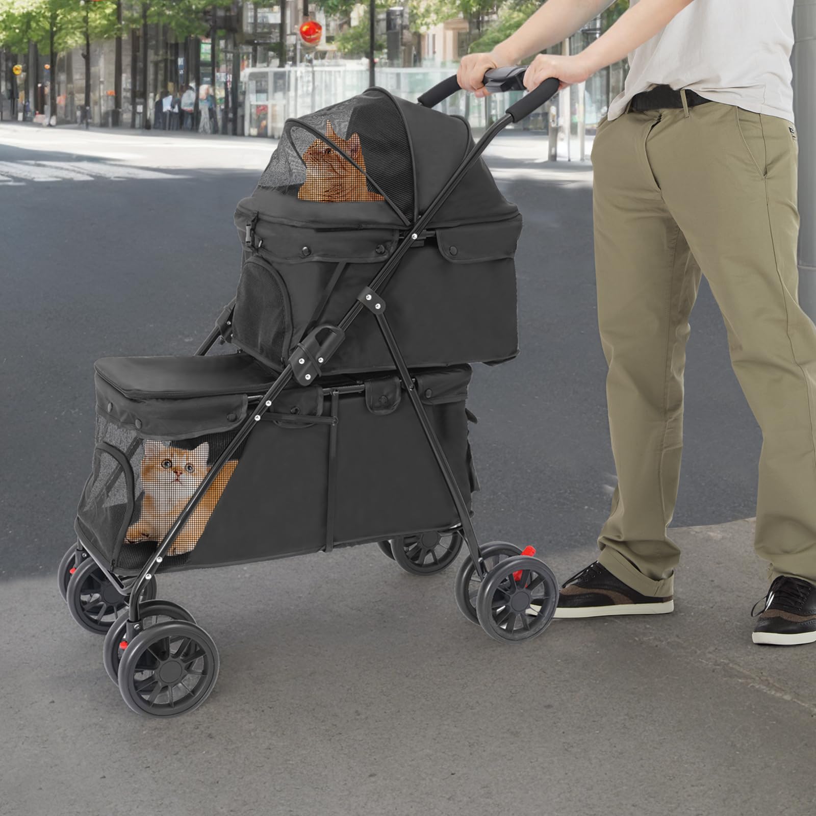 Carro de mascotas de 2 capas para perros y gatos, cochecito plegable de doble cubierta con ventana de malla, freno y bolsa de almacenamiento, estructura estable de acero de carbono, con capacidad de
