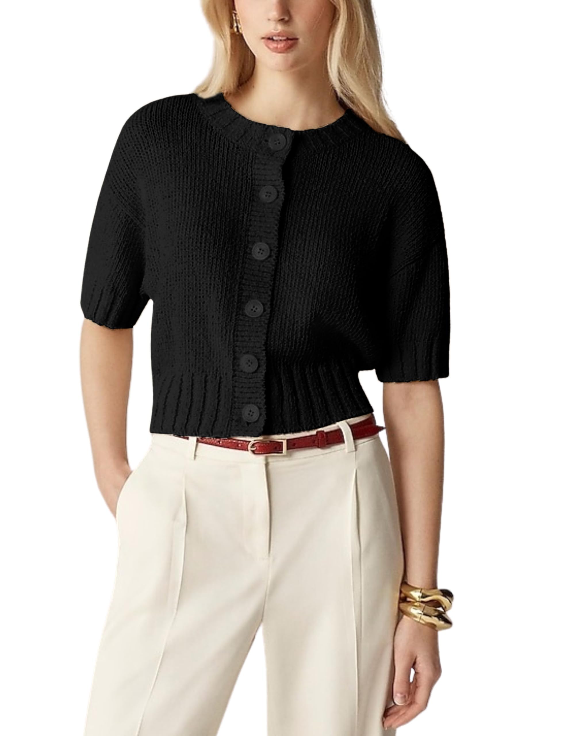 Womens 2025 Lightweight Cardigan Short Sleeve Knit Button Down Cropped Pullover Ribbled Sweater