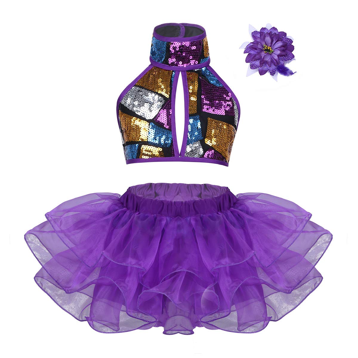 easyforever Kids Girls 3PCS Sequined Ballet Jazz Dance Outfit Halter Crop Top with Tutu Skirt Hair Clip Set Purple 7-8