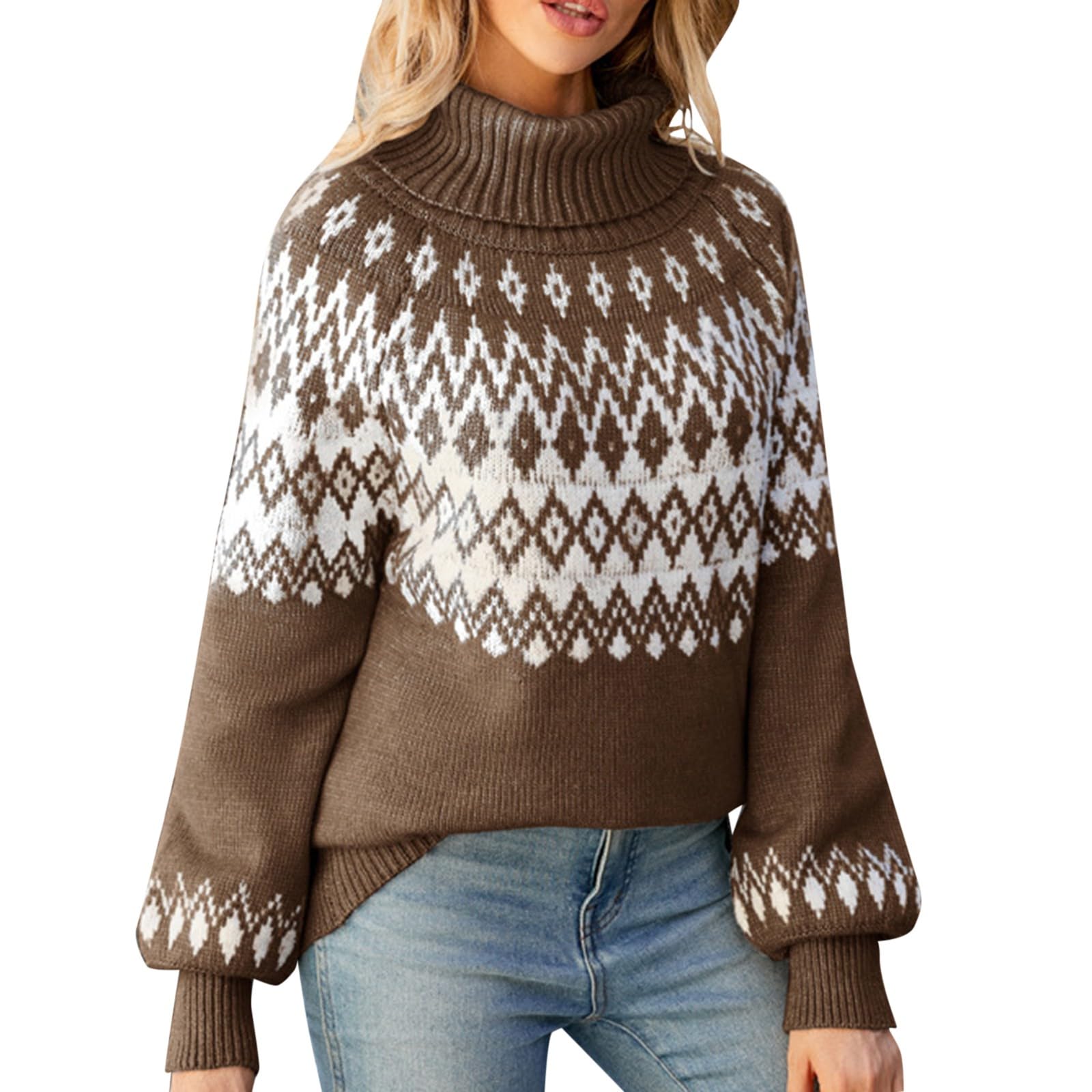 Maglioni da donna in maglia autunno 2024 maglione a collo alto allentato autunnale con grafica vintage top invernali vestibilità ampia inverno autunno retrò maglione western casual caldo manica a