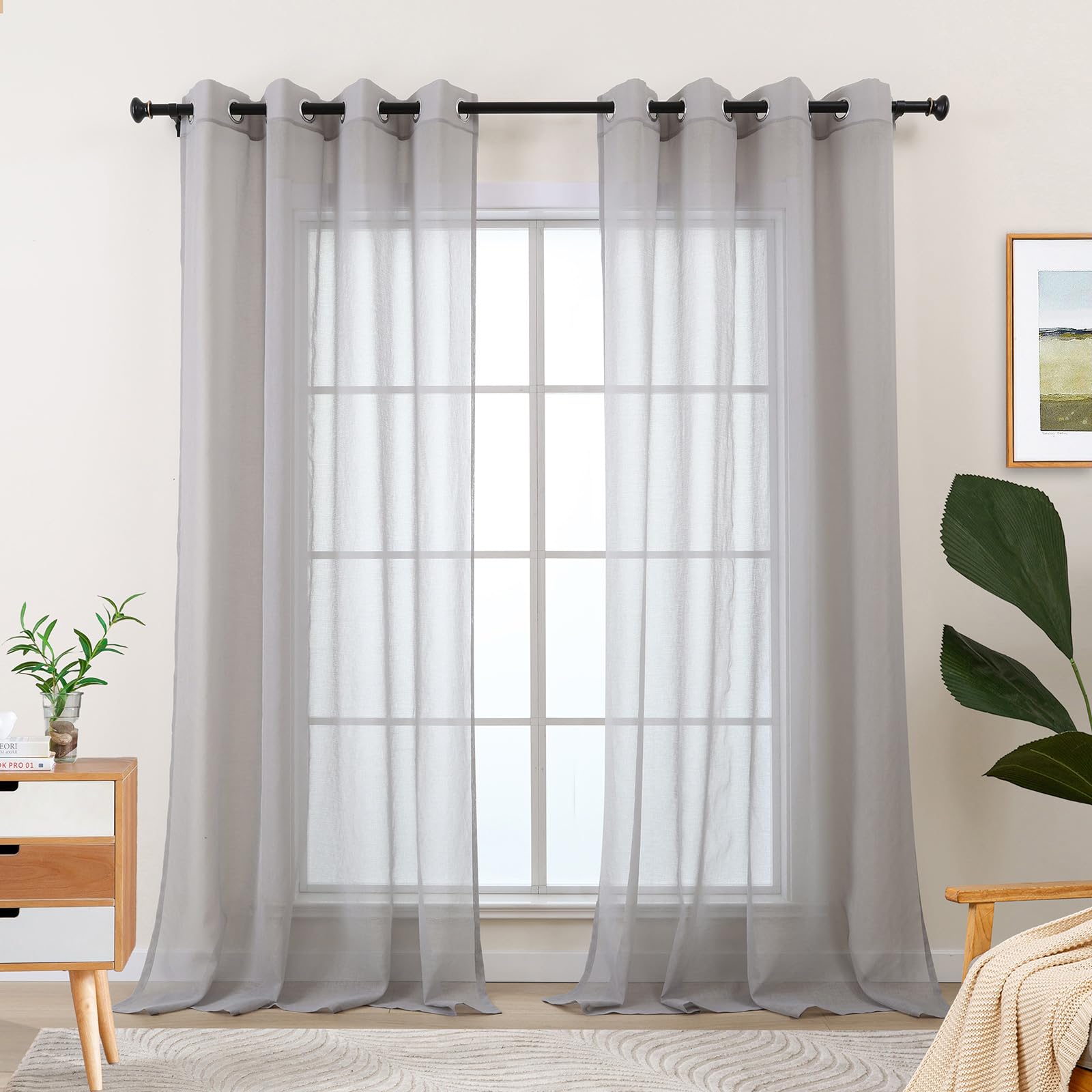 L.Z.E Vorhänge Grau für Wohnzimmer, Gardinen Hellgrau mit Ösen, Transparent Gardine Vorhang für Schlafzimmer Fenster, 2er Set Gardinenschals Durchsichtig Modern 245 cm Lang