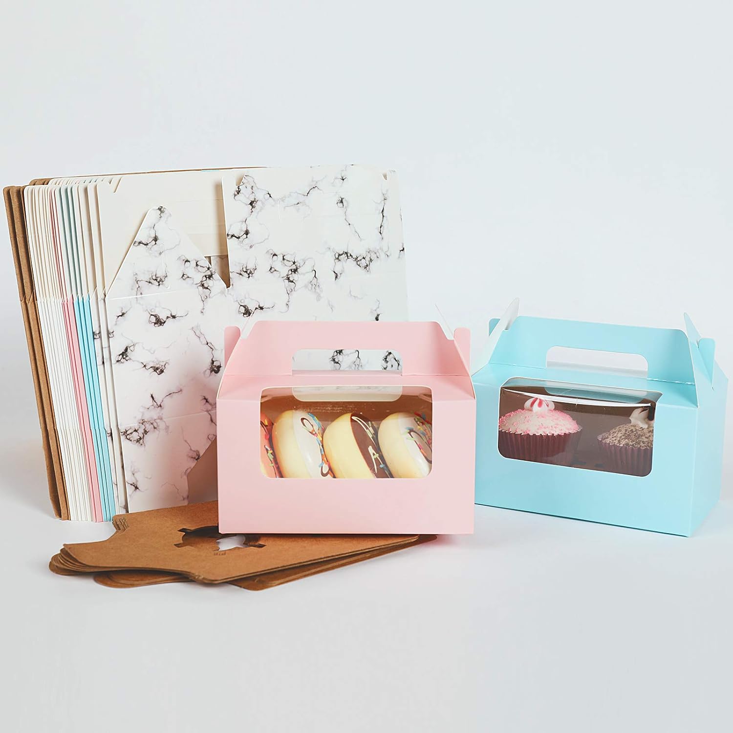 Free Shipping Over $50 20 Pcs Cupcake Boxes/Gable Boxes/Treat Boxes/Mini Cake Boxes/Bakery/with Display Window Insert and Handle, 6.5 x 3.5 x 3.5 inches for Take-Out Cupcake Pies, Cakes, Muffins, etc.