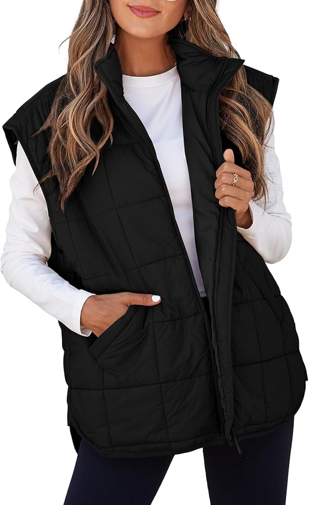 EVALESS Womens Puffer Vest Quilted Zip Up Cap Sleeve Jackets