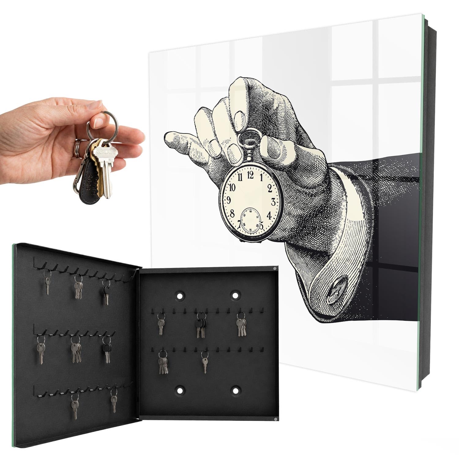 Cassetta portachiavi 30x30 cm Orologio da tasca Porta Sinistra Nero | Appendiabiti | Bacheca | Vetrinetta | Nicchia | Casellario | Armadio | Gancio | Quadro | Mobiletto | Contenitore | Supporto