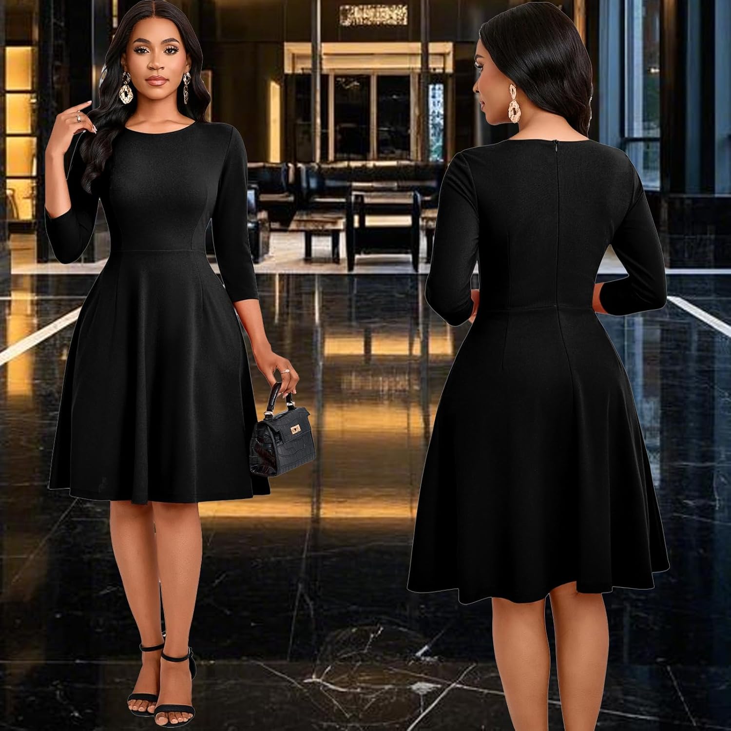 Women's Casual Long Sleeve Midi Dress Elegant A Line Empire Waist Crew Neck Flowy Swing Dress - Image 9