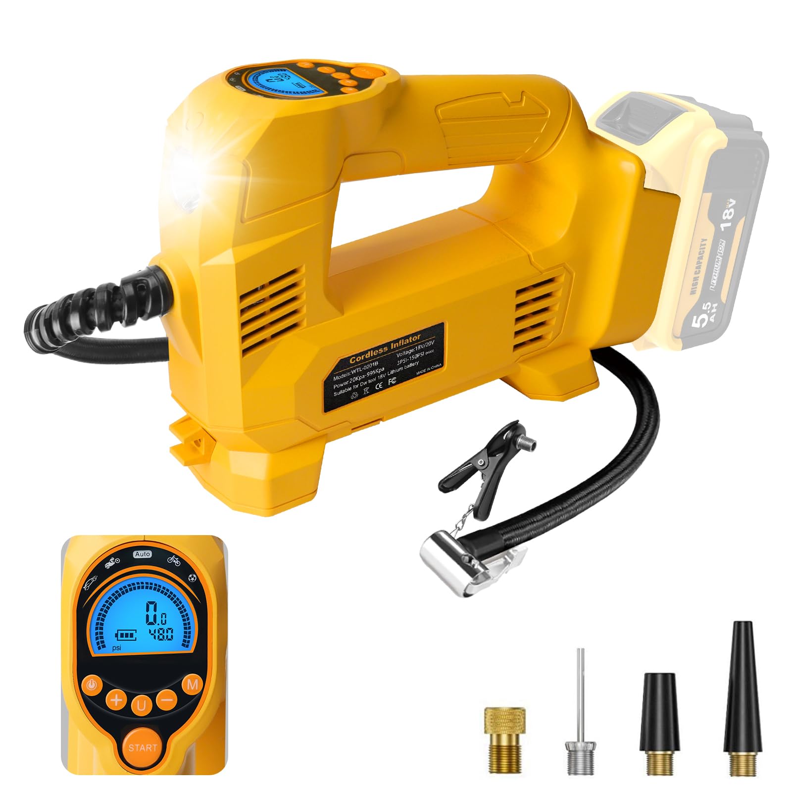 QUPERR Akku Kompressor kompatibel mit Dewalt 18V Akku, Elektrischer Luftkompressor bis 10,34 bar mit LED-Licht & Autostopp, Tragbare Luftpumpe für Auto, Motorrad, Fahrrad, Bälle (ohne Akku)