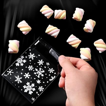 500 Christmas Self Adhesive Bags Self-Seal Cookie Bags Clear Cellophane Snowflake Candy Bag for Bakery, Candy, Chocolate (White, 4 x 4 Inches)