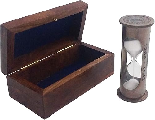 Miniatura 5 de Temporizador de arena blanco de latón envejecido de 3.0in en caja de madera, regalo marítimo (latón)