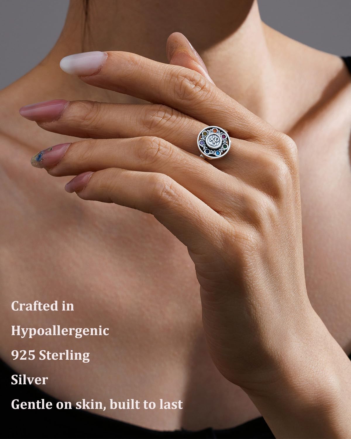 925 Sterling Silver Mandala Chakra Ring Yoga Lotus Flower Rings for Women Healing Crystal 7 Chakra Balance Jewelry Gifts - Image 4