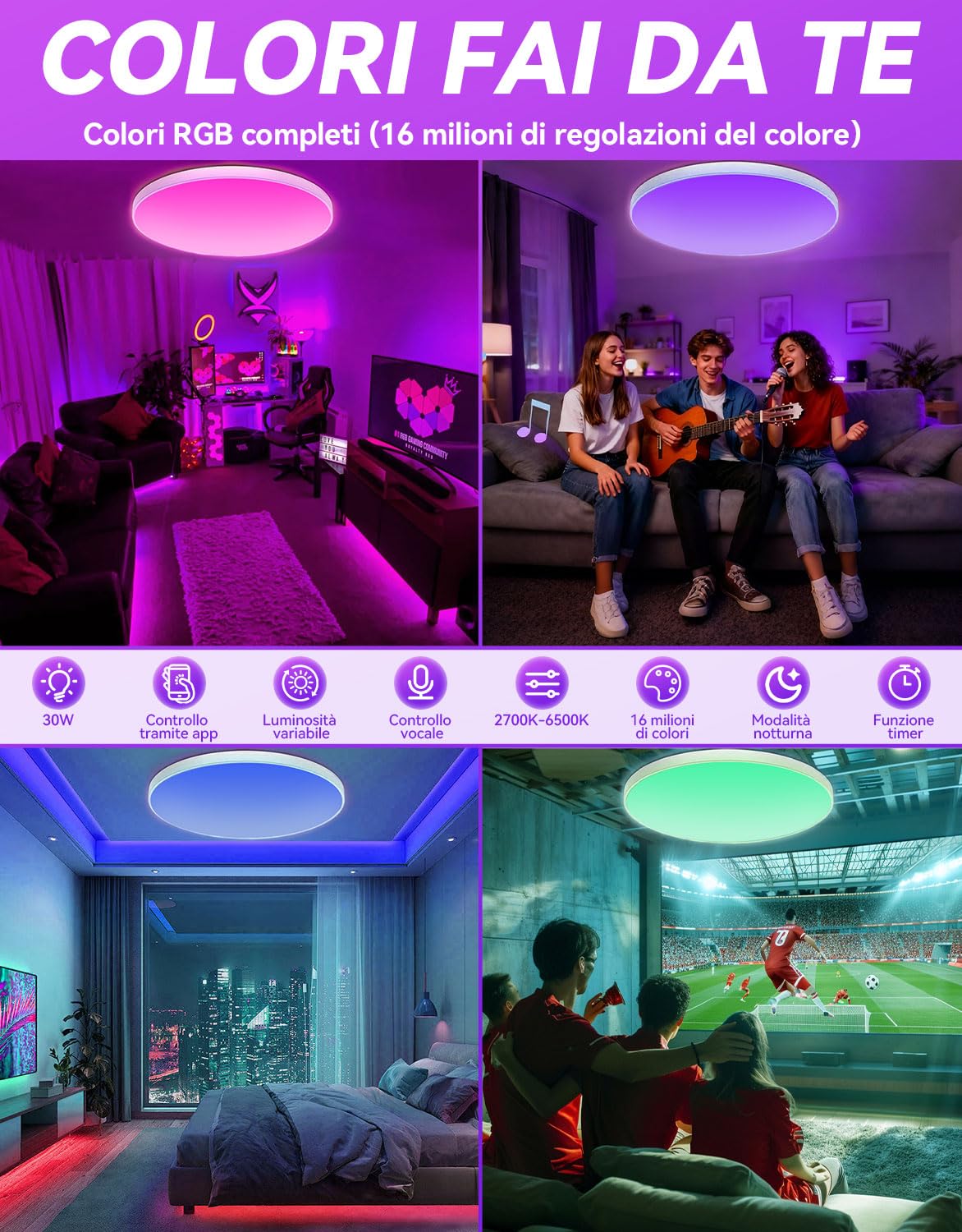 Plafoniera led soffitto lampadario camera da letto bambina 30W Lámpara empotrada de 16 millones de colores Funciona con dispositivos Matter Alexa Luce Soffitto Cameretta,Cucina,Soggiorno