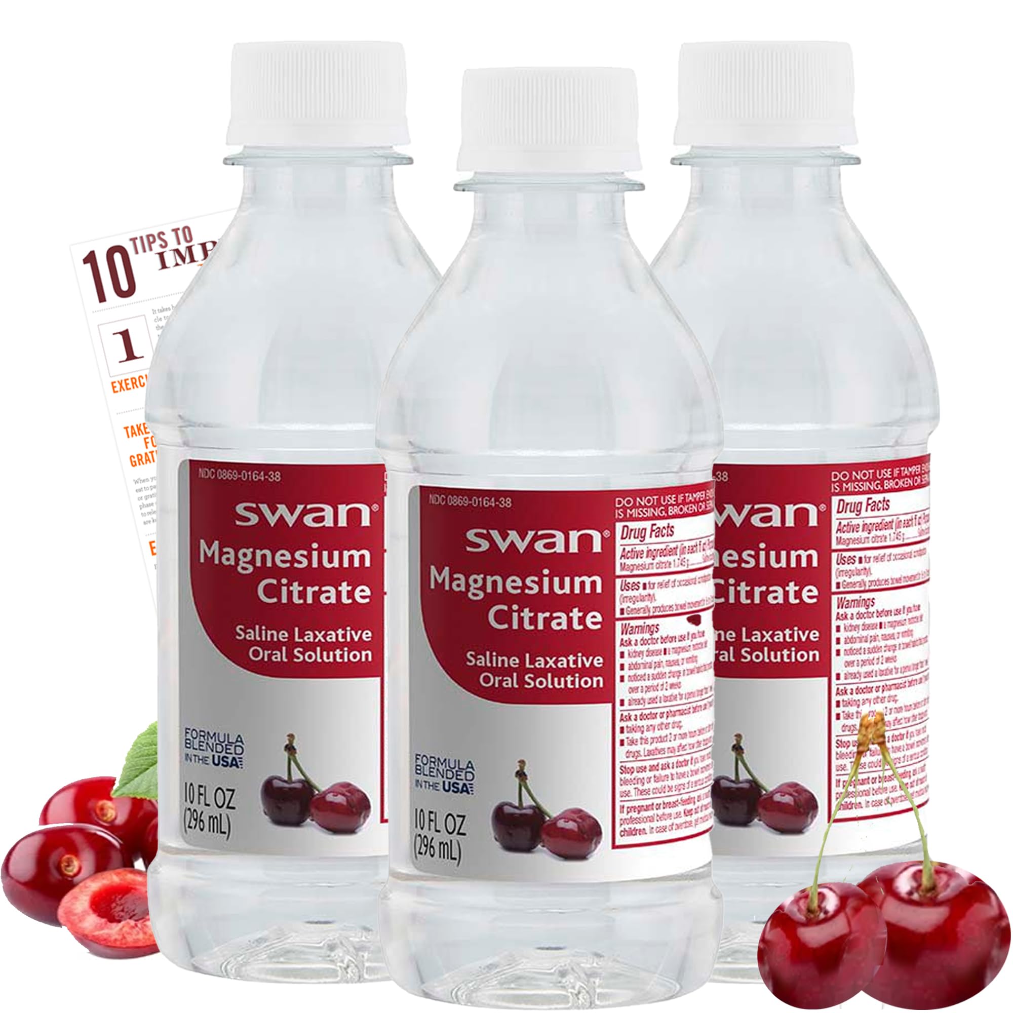 BleamHealth - 3 Pack Swan Magnesium Citrate Oral Solution 10 Oz Each - Cherry Flavor - Gentle and Effective Liquid Laxative for Regularity Digestive Health Tip Card (Cherry)