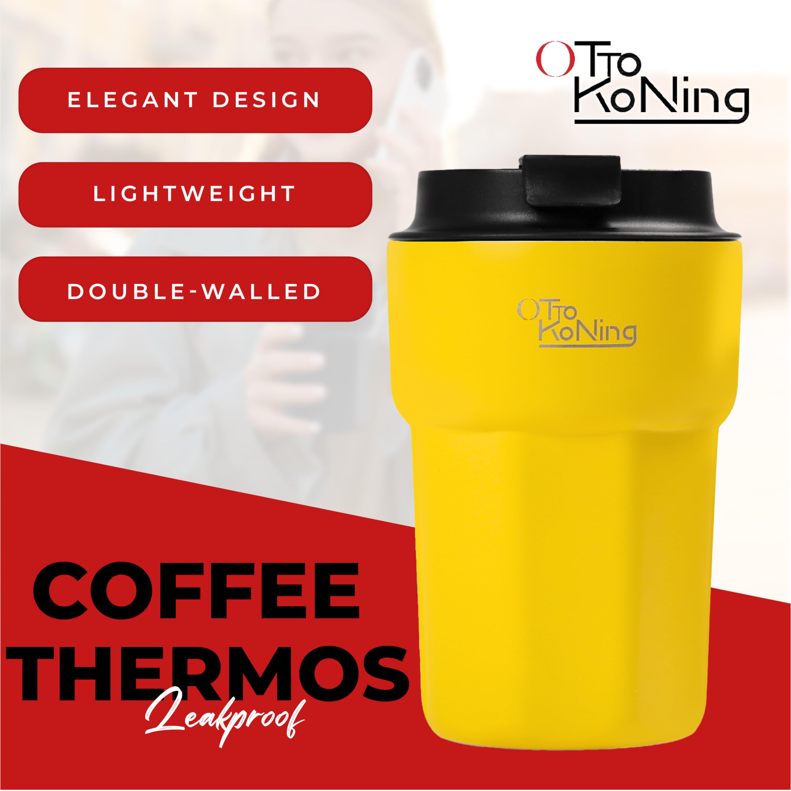 Otto Koning Travel Mug 12oz (350ml)- Leakproof Stainless Steel Coffee Cup, Yellow, 350 ml - Image 4