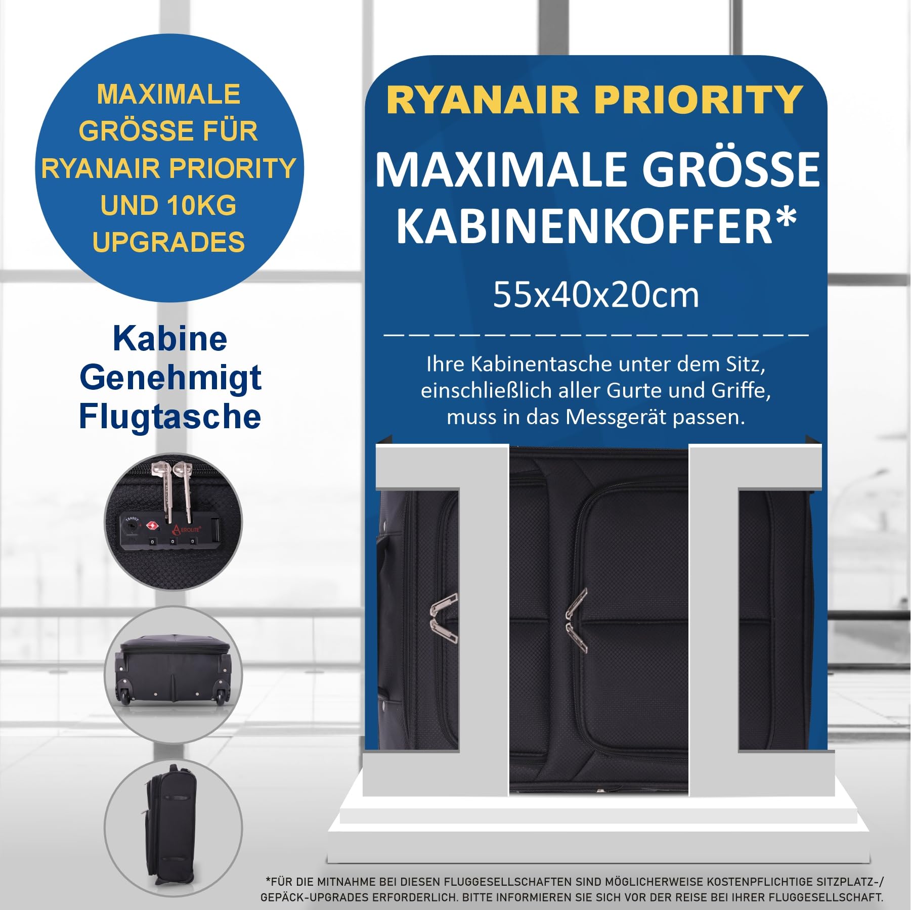 Aerolite Erweiterbar 55x40x20cm auf 55x40x23cm Lufthansa Eurowings Bordgepäck Handgepäck Koffer 55x40x20 55x40x20 mit 2 Rollen - Auch für Condor, SunExpress, TUI und Vieles Mehr (Schwarz)