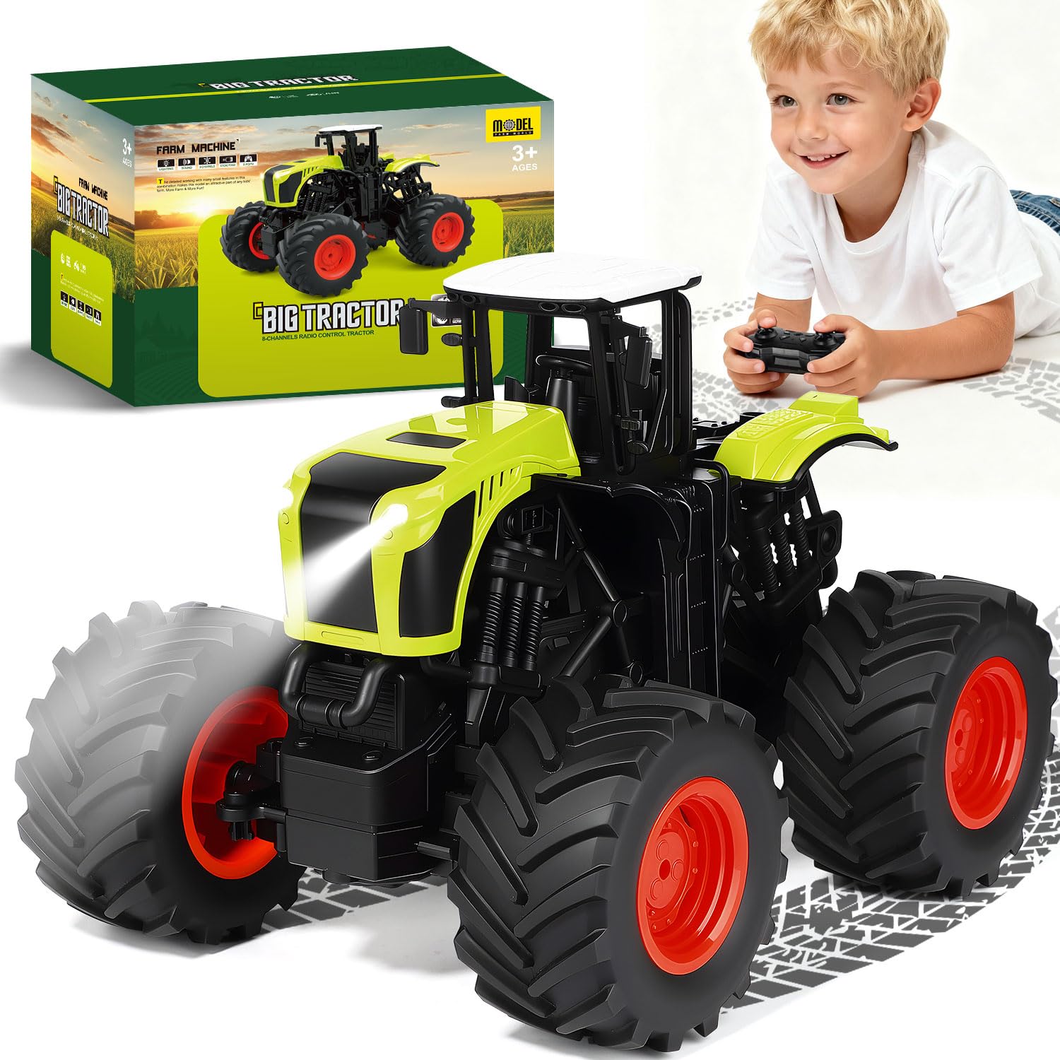 RC Tractor Teledirigido para Niños - 2,4 GHz 1:16 Juguete Tractores Granja Camión Monstruo con Luz para Niños 3 4 5 6 7 8 Años