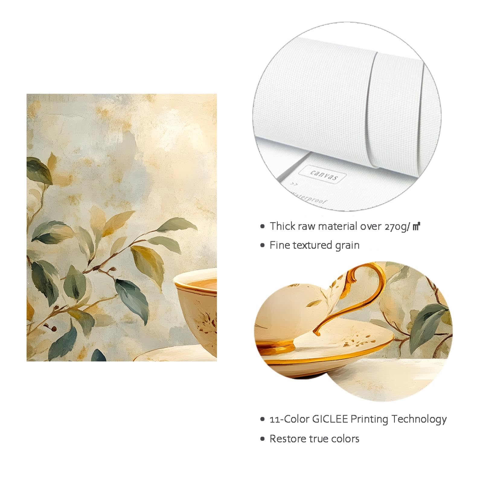 CHERHERART Lienzo de hoja botánica Arte de pared Exquisito juego de té café Impresión de cartel Elegante y acogedor Decoración de pared para restaurante Salón de té 75x100cm Marco interior