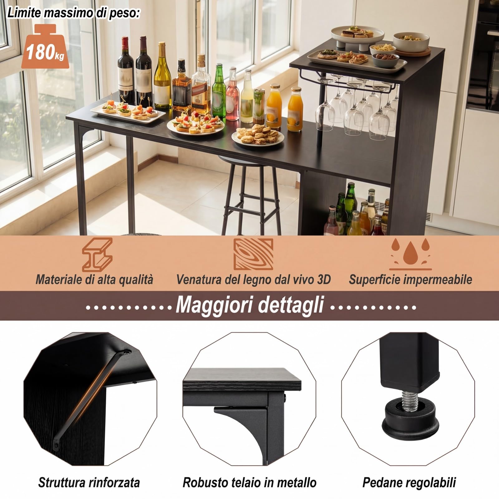 COSTWAY Set 3 Pezzi Tavolo e Sedie da Bar, Tavolo e Sgabelli da Pub Industriale con Porta Calici e 6 Portabottiglie da Vino, Set di Tavolo per Sala da Pranzo, Ristorante e Bar (Nero)
