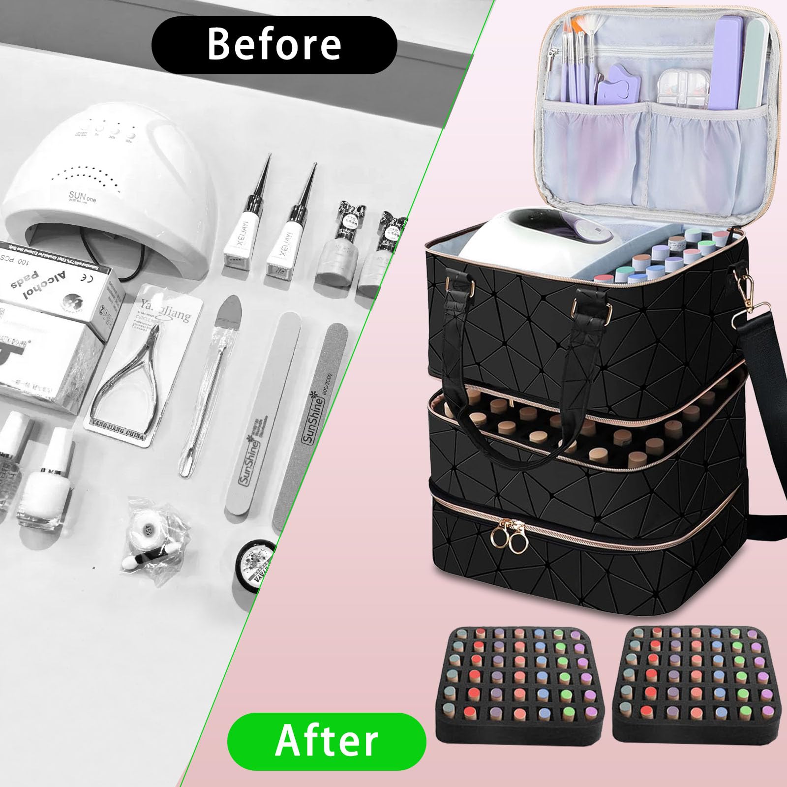 3-Layer Travel Makeup Bag,Nail Polish Organizer,Nail Tools Storage,2 in 1 Removable Polish Package,Waterproof,Adjustable Dividers Compartment,Holds 84 Bottles of 15ML Nail Polish - Image 3