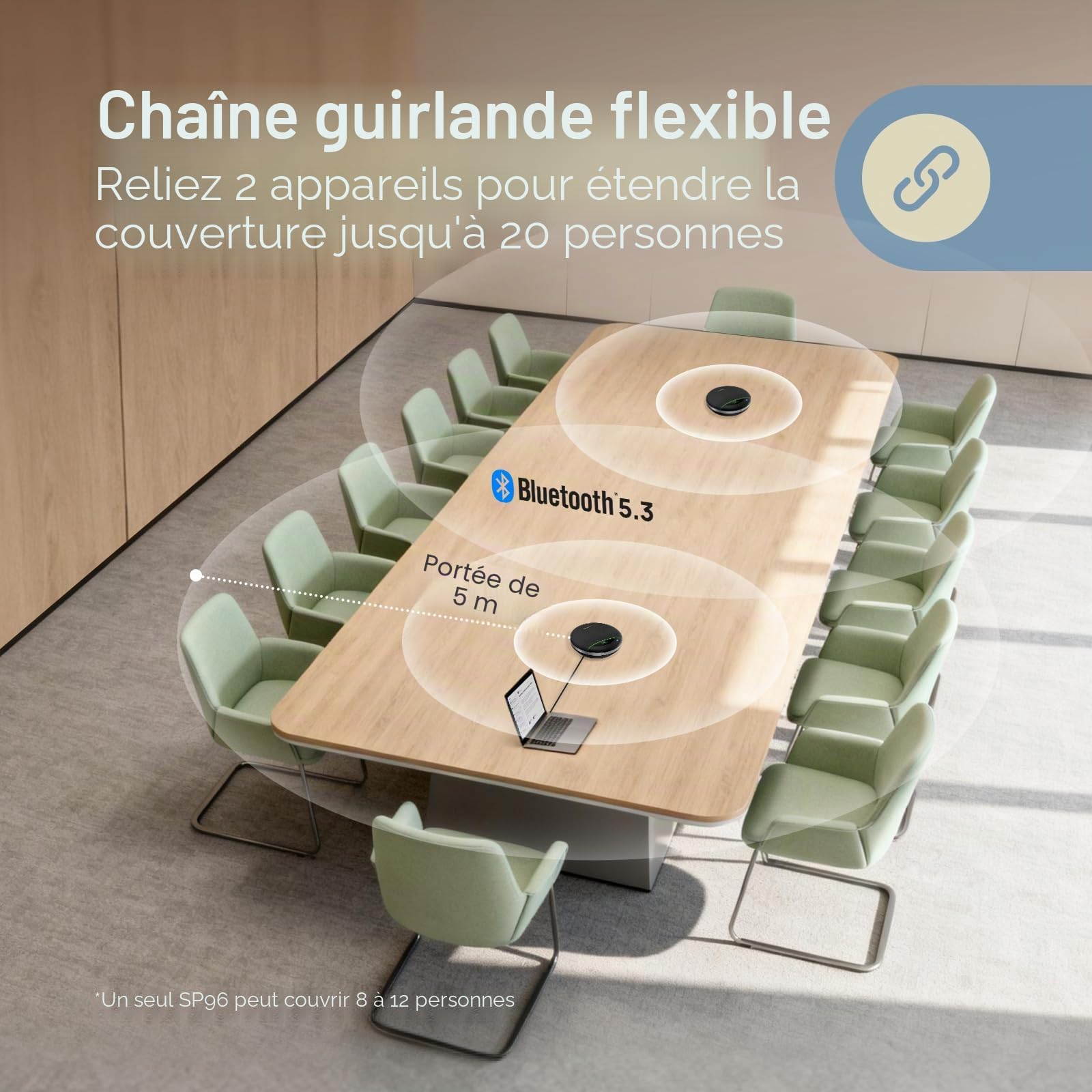 Yealink SP96 Enceinte Portable Conférence, Bluetooth Haut-Parleur avec portée de 100ft, 6 micros ANC, autonomie d'appel de 26H,pour Salle de réunion de 8 Personnes, Support en Guirlande