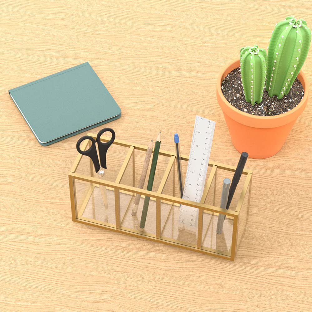 NIUBEE Portalápices acrílico con 4 compartimentos, con borde de cobre dorado, organizador de lápices para encimera, escritorio, almacenamiento de accesorios