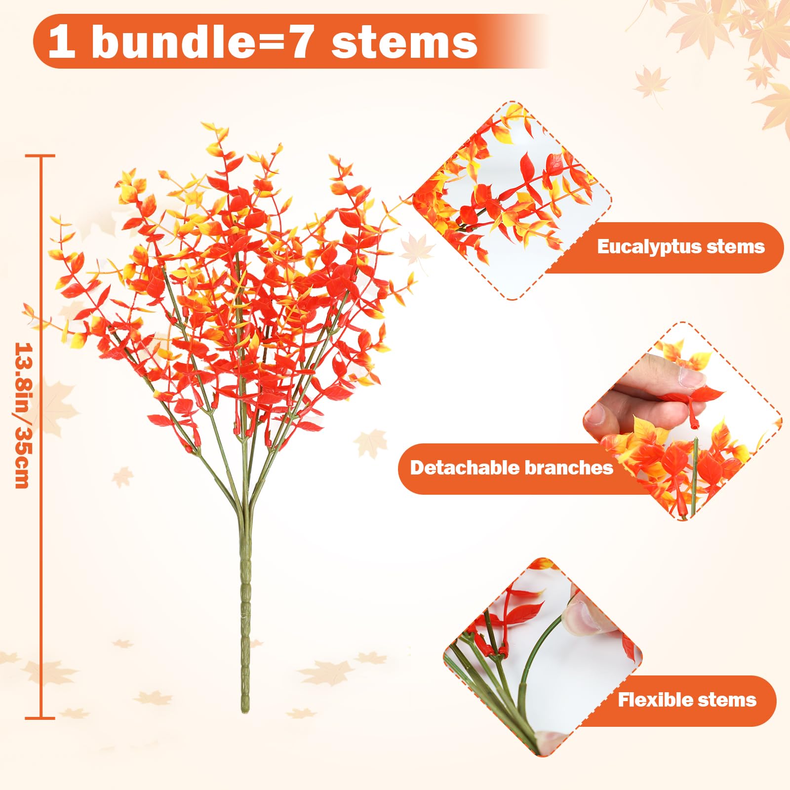 inreeme Autumn Artificial Plants Eucalyptus, 12 Pcs Outdoor Orange Autumn Fake Eucalyptus Stems Leaves - Image 2