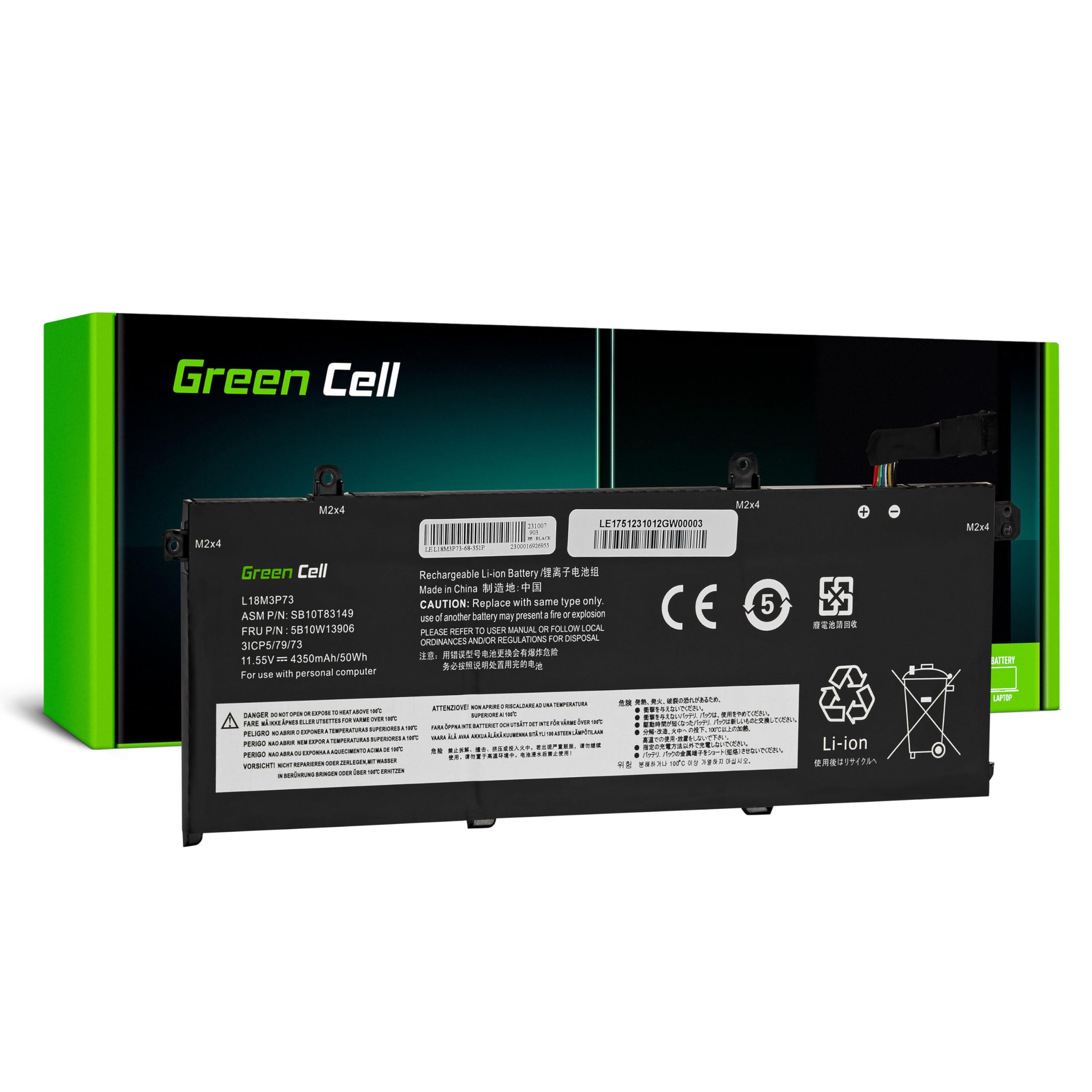 Green Cell L18C3P71 L18C3P72 L18L3P73 L18M3P73 L18M3P74 Batteria per Lenovo ThinkPad T490 T495 P43s P14s T14 Gen 1 Gen 2 (4350 mAh, 11.55 V, Color Nero)