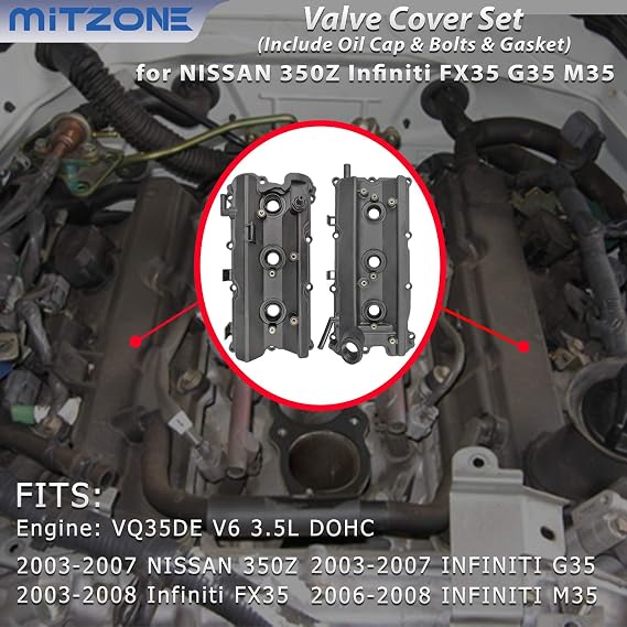 MITZONE Engine Valve Cover Set with Bolts & Oil Cap & Gaskets & Spark Plug Tube Seals & P CV Cover Compatible with 2003-2008 Nissan 350Z Infiniti FX35 G35 M35 VQ35DE 3.5L Part# 13264AM600 13264AM610