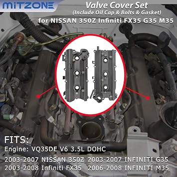 MITZONE Engine Valve Cover Set with Bolts & Oil Cap & Gaskets & Spark Plug Tube Seals & P CV Cover Compatible with 2003-2008 Nissan 350Z Infiniti FX35 G35 M35 VQ35DE 3.5L Part# 13264AM600 13264AM610
