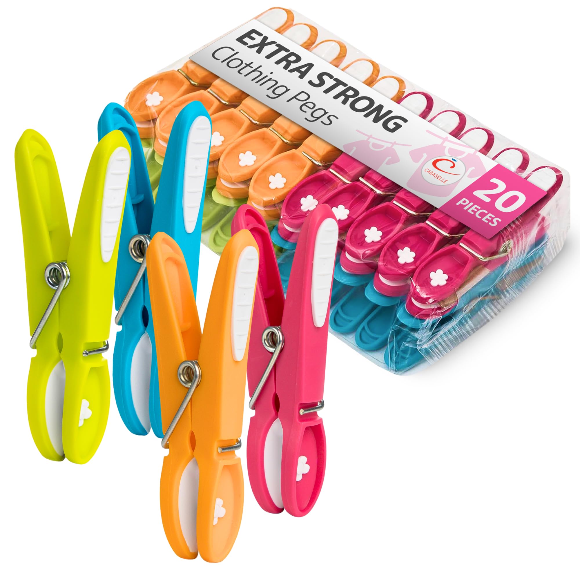 CARASELLE Clothes Pegs for Washing Line Strong - Non Slip Heavy Duty Washing Pegs w/Rubber Pad for Mark Free Secure Grip - Indoor Outdoor Plastic Clothes Pegs Strong Large Laundry Pegs - 20 pcs