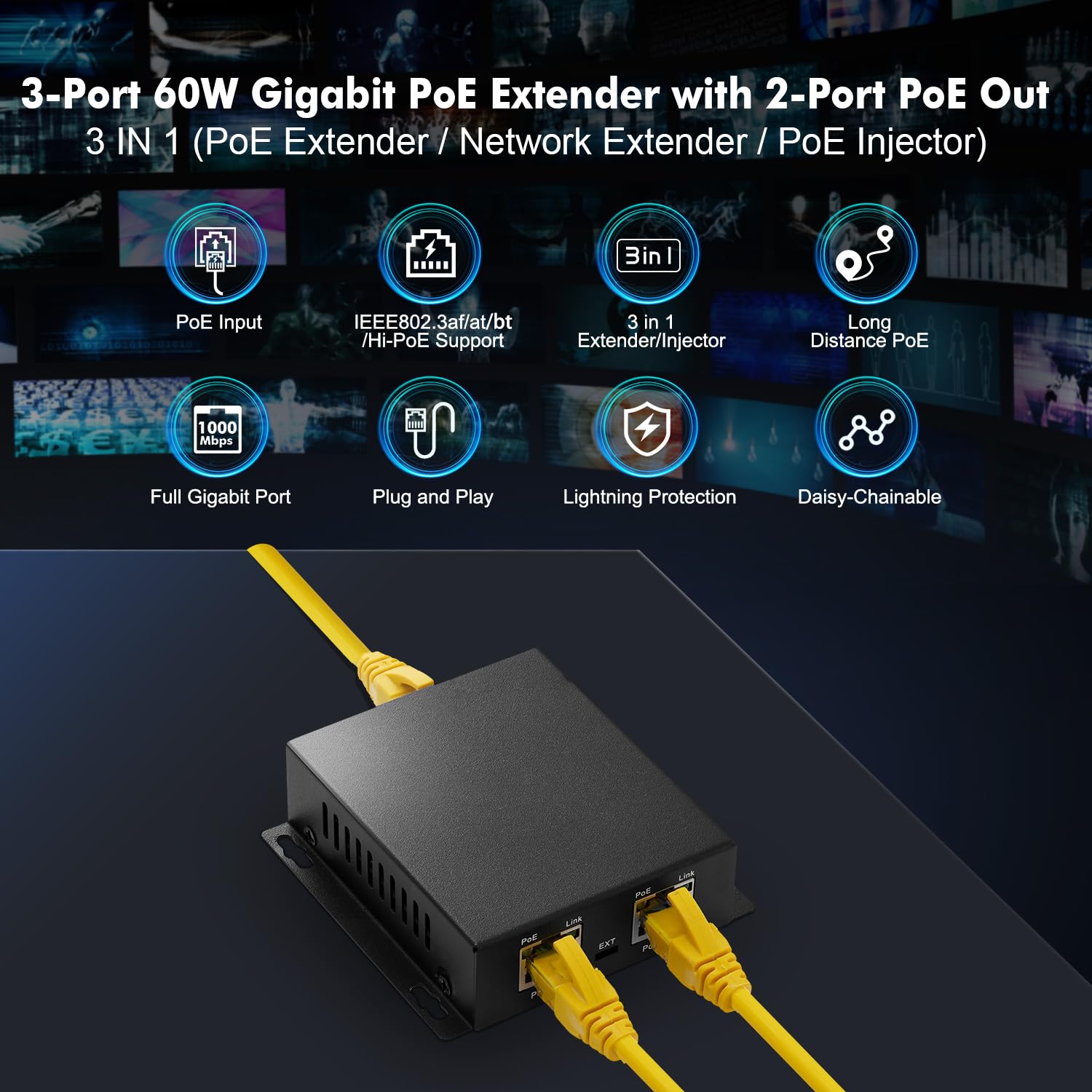 MokerLink 3 Puertos Gigabit PoE Passthrough Switch, IEEE 802.3af/at/BT PoE Repeater 60W, Hi-PoE 90W, 100/1000Mbps, 1 PoE in 2 PoE out, Wall Mount, PoE Extender/Injector/Network Extender Three in One