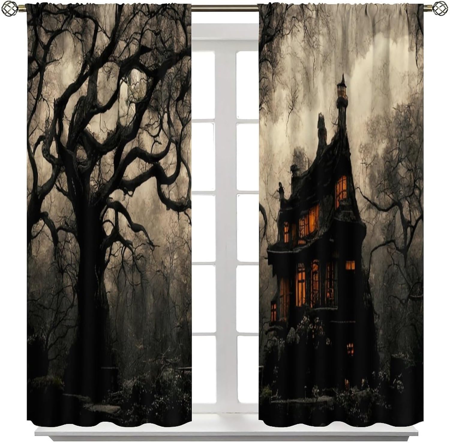 Gothic Blackout Window Curtains, Spooky House in Dark Mystical Forest for Cafe Room Chidren Window Curtain Drapes 2 Panels 42x45 Inch