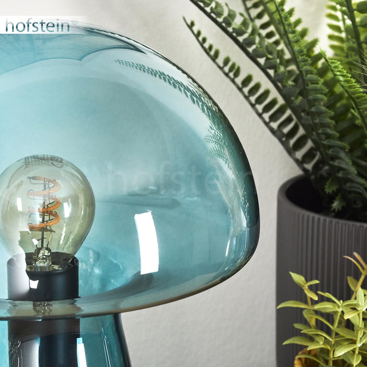 HOFSTEIN Tischleuchte Almagre, Tischlampe aus Metall/Glas in Schwarz/Blau, Leuchte im modernen Vintage/Retro-Design mit Schirm aus Glas, Ø 18cm, An/-Auschalter am Kabel, E14, Wohnzimmer, Schlafzimmer
