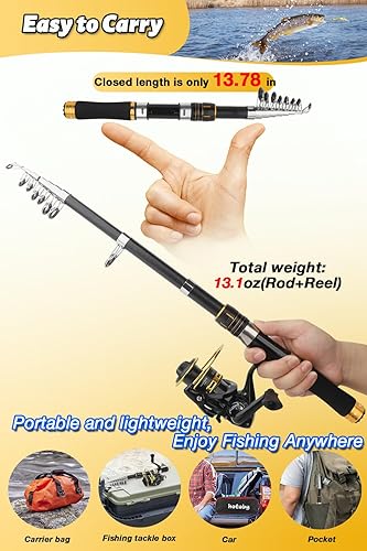 Miniatura 4 de Juego combinado de caña de pescar, caña de pescar y carrete de 6.89 pies, kit de caña de pescar telescópica de fibra de carbono con carrete