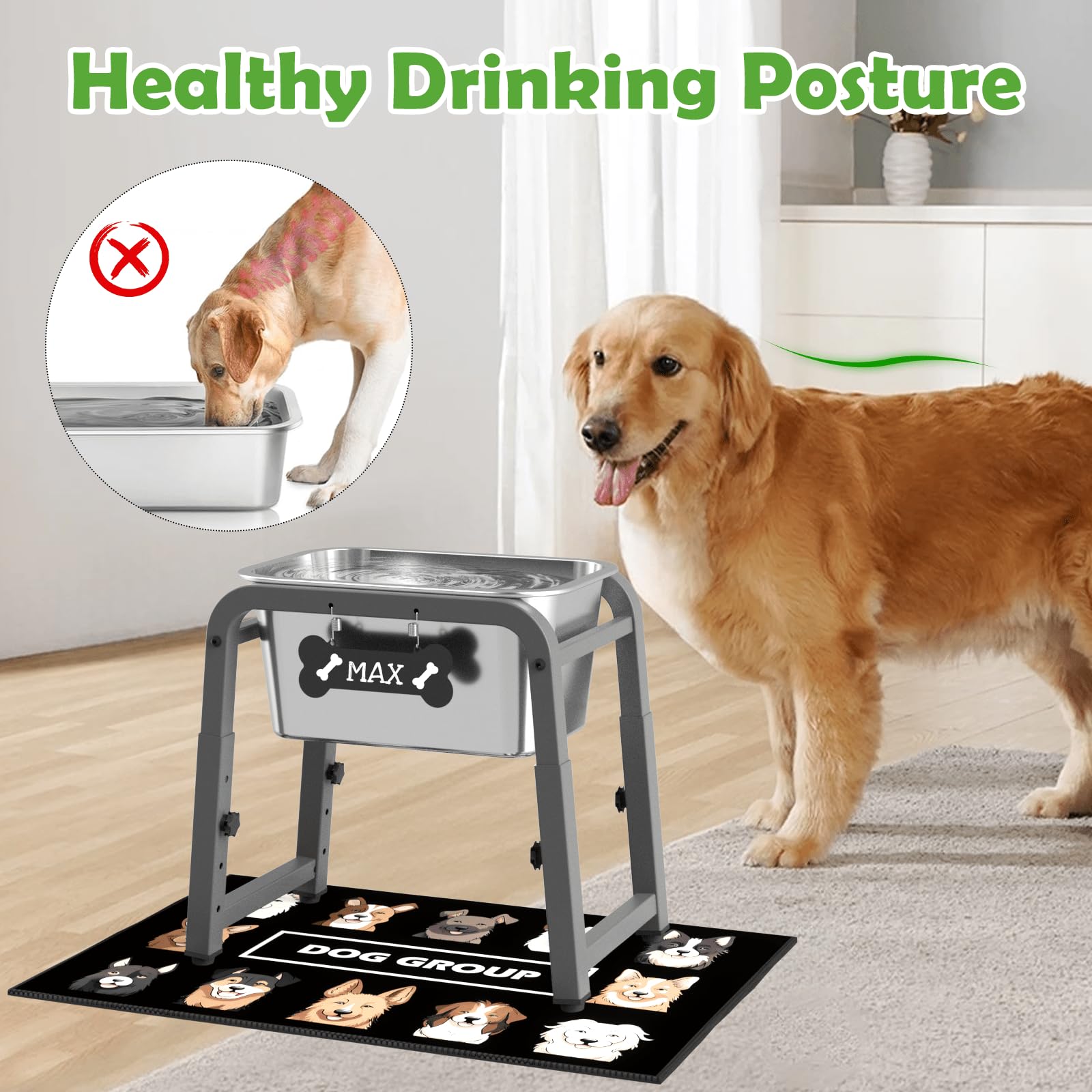 Cuenco elevado de agua para perros de 7 L, altura ajustable (13-17 pulgadas), cuenco elevado de acero inoxidable con alfombrilla a prueba de derrames y soporte de metal resistente, a prueba de puntas