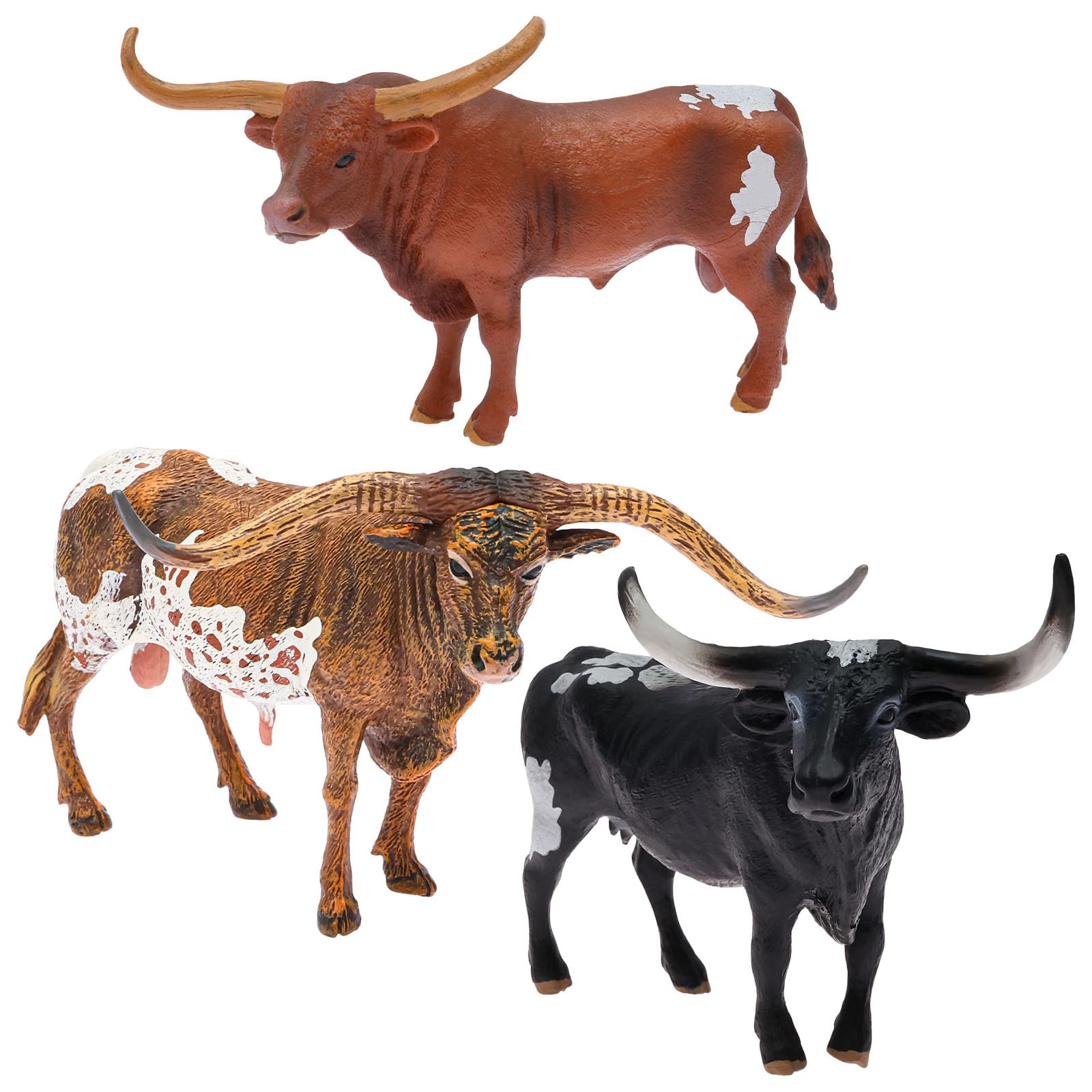 ZEJEXXB 3PCS Longhorn Bull Cattle Figurine, Realistic Plastic Ankole Watusi Cow Toy Model for Education, Farm Animals Themed Birthday Party Cake Toppers and Home Display