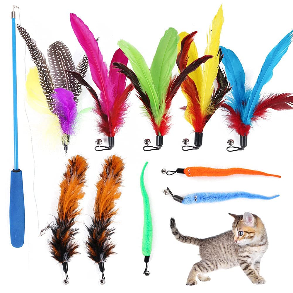 ORiTi 11PCS Interactive Cat Feather Toys, 1PCS Retractable Cat Wand Toy and 10PCS Replacement Teaser Refills Worm Bird Feathers, Cat Teaser Toys for Indoor Cats Kitten Play Chase Exercise