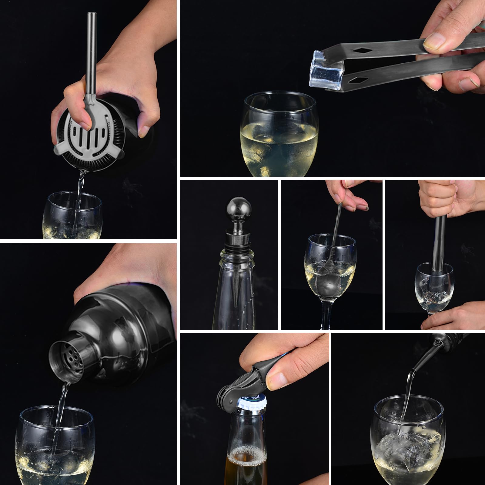 Safring Kit de barman con soporte, juego de bar de 12 piezas | Juego de coctelera de 24 onzas para mezclar bebidas, juego de coctelera de Martini con herramientas de bar, folleto de recetas |