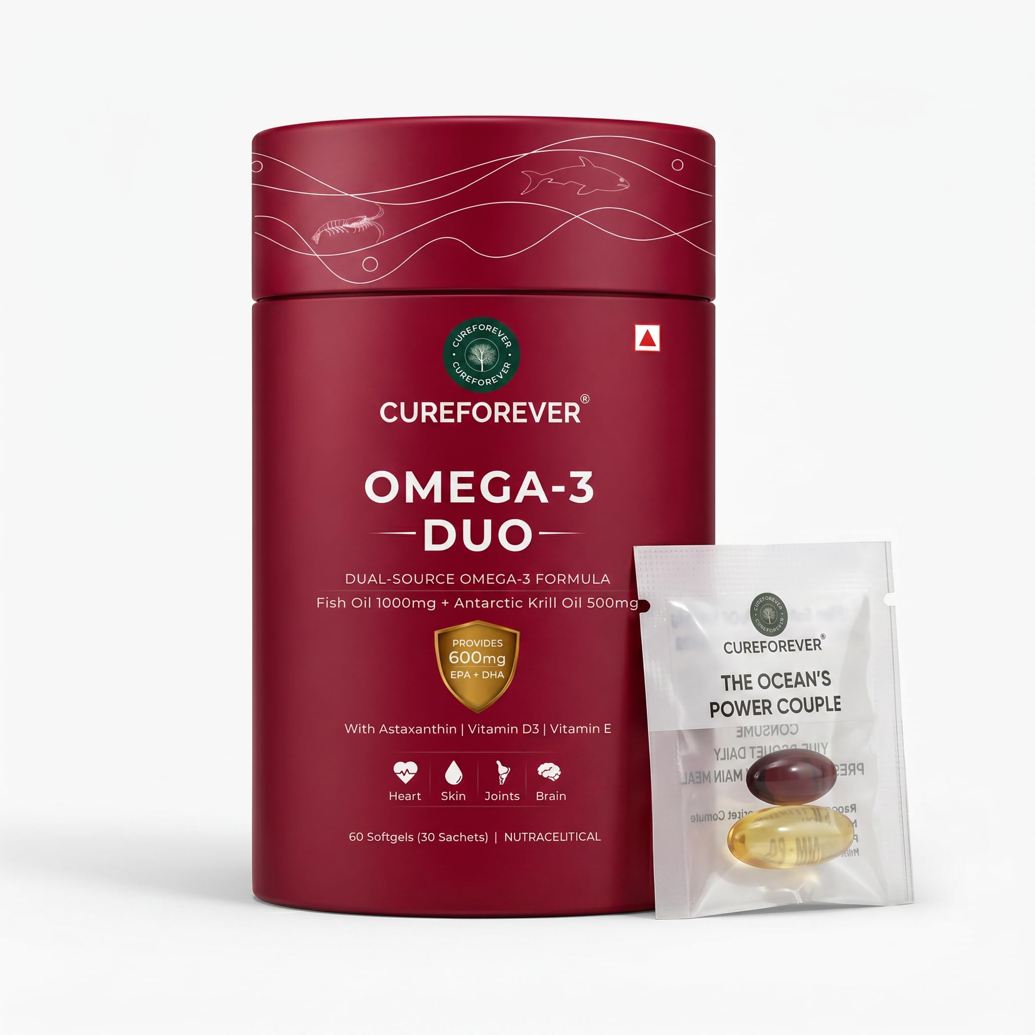 CUREFOREVER Omega 3 Duo Fish Oil 1000mg + Krill Oil 500mg | 1100mg Omega-3 (EPA 452mg DHA 256mg) | Astaxanthin, Vitamin D3 & E | Dual Absorption Formula | Heart Brain Joint Support | 30 Sachets - 60 Softgels