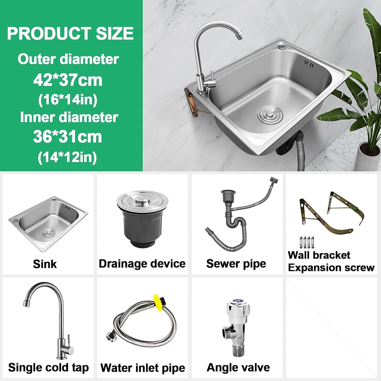 304 Wall-mounted stainless steel sink，small corner sink，Single bowl sink with hot and cold water taps，Commercial Sinks，Multiple sizes available，Suitable for garden, garage, laundry room, restaurant(19