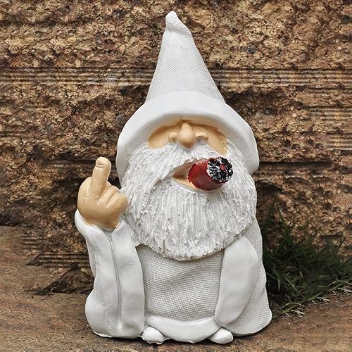 Hefaxi Funny Garden Gnome Statue,Middle Finger Smoking Wizard Gnome,Cool Old Man With White Beard,6.3Inch Naughty Garden Sculpture Decoration #TOP3