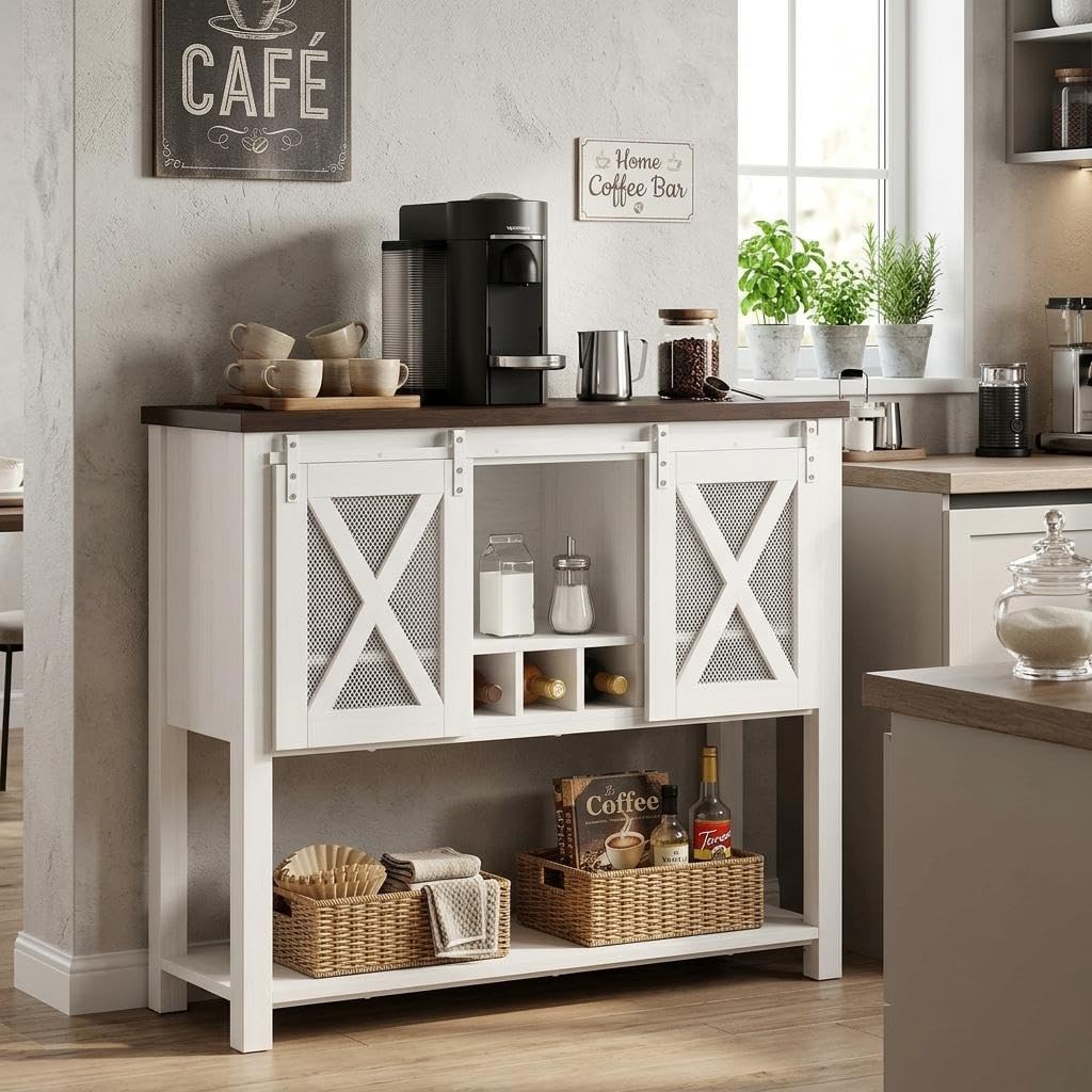 GAOMON Coffee Bar Cabinet, Farmhouse Sideboard Buffet Cabinet with Sliding Barn Doors, Wine Racks, Open Storage Shelf, for Kitchen, Dining Room, Entryway, White