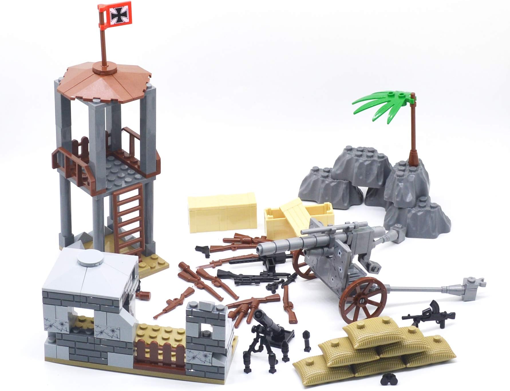 Custom WWII German Army Guard Station & Bunker w/ Artillery Building Bricks Set, WW2 Military Defense Fortify Build Set w/ Accessories Stones Blocks, Sandbags, Weapon Case & Mini Guns