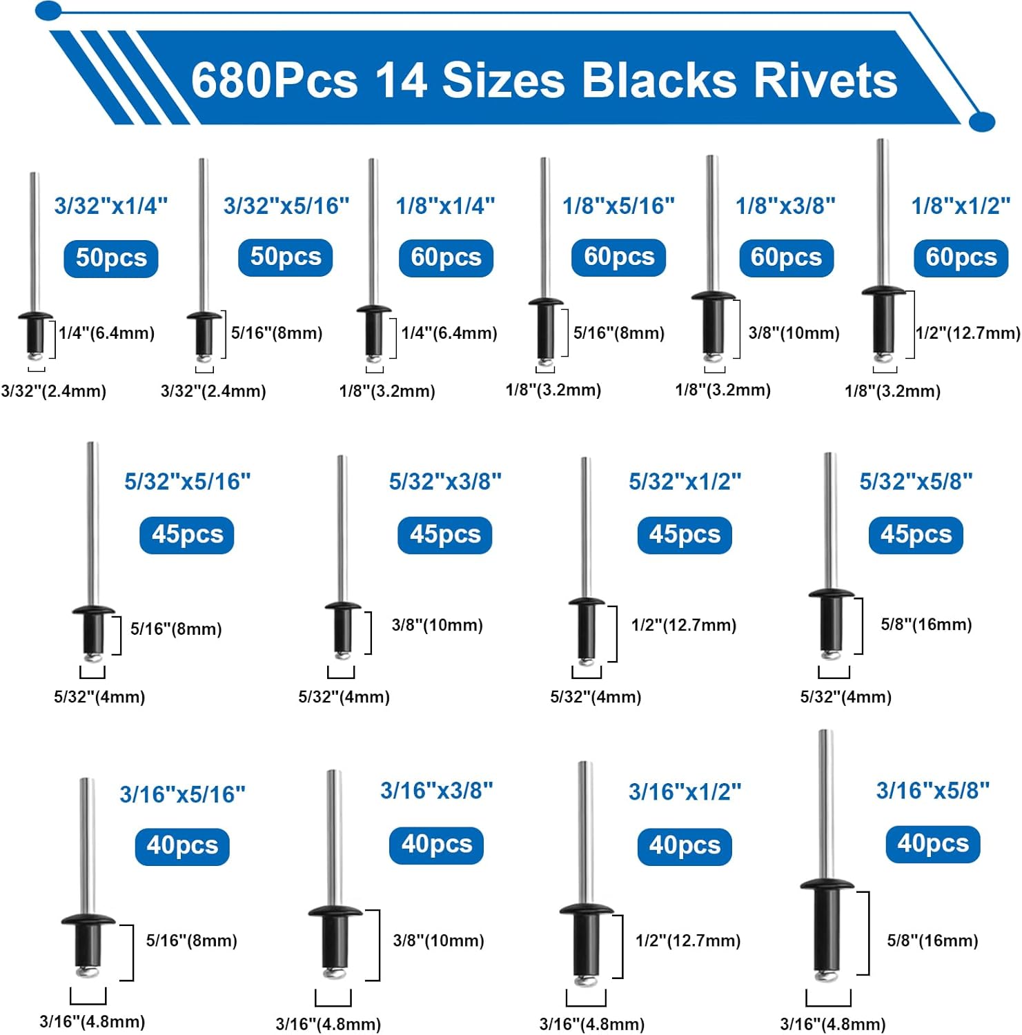 smseace Black, Silver(Can Choose) Pop Rivet Gun Kit Black Pop Rivets, Large Flange Rivets, Washers and Rivets Gun Tool Packed in Portable Toolbox with Color Label