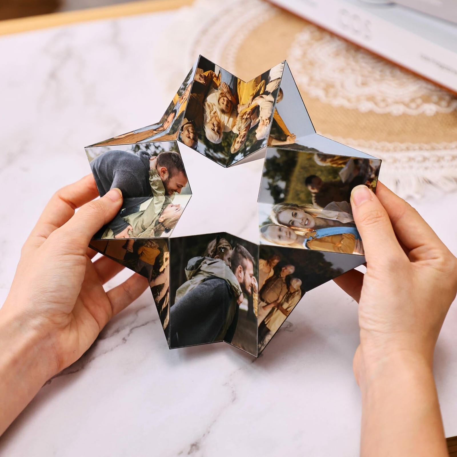 Drawelry Personalised Photo Cube, Custom Multi Picture Frame, Foldable Photo Block Funny Desk Home Decor Birthday Gift for Family Friends Couples (Photo Cube-15 Pics)