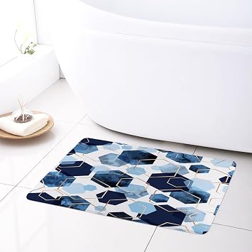 LB Navy Blue Marble Bath Mat Abstract Geometric Floor Rug for Bathroom Gold Honeycomb Hexagon Doormat Non Slip Memory Foam Absorbent Living Room Bedroom Door Front Area Rugs,24Wx16H inch