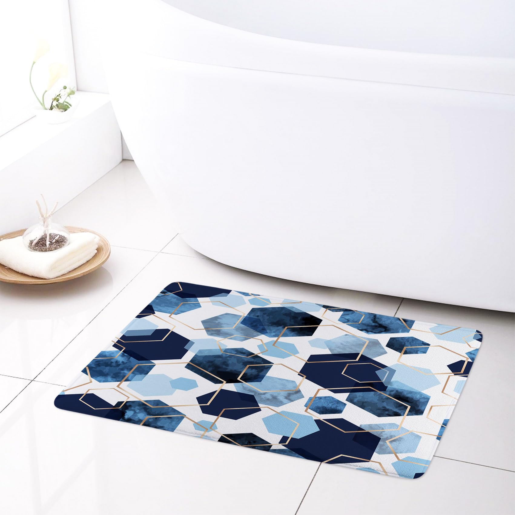 LB Navy Blue Marble Bath Mat Abstract Geometric Floor Rug for Bathroom Gold Honeycomb Hexagon Doormat Non Slip Memory Foam Absorbent Living Room