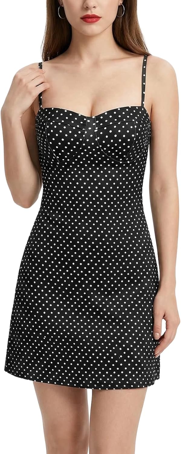 Rosegalette Women's Sexy Y2k Vintage Polka Dot Print Adjustable Spaghetti Strap Cami Mini Fit and Flare Dress,Black,M
