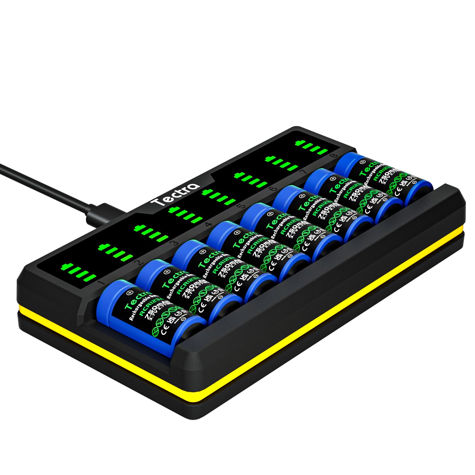 Tectra Smart 8 Bays LED Rapid Charger for Rechargeable Li-ion 123A, RCR123A, 16340, 17335 and Arlo VMC3030 VMK3200 VMS3330 3430 3530 Batteries (Not Included)