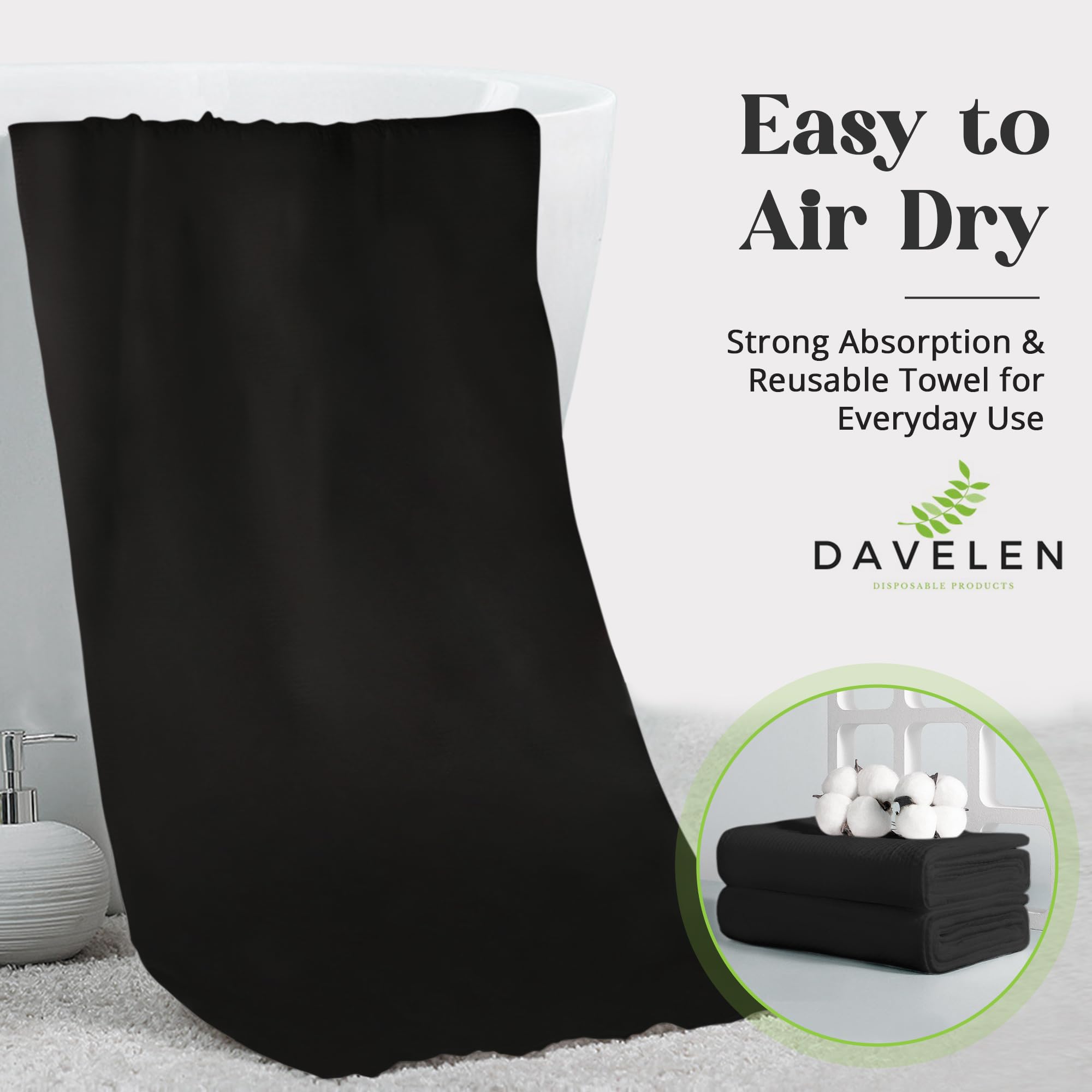 DAVELEN Disposable Pet Towels (50-Pack), Super Absorbent, for Small, Medium, Large Dogs & Cats | Paws, Fur, Body Use | Bleach and Dye Free, Ecofriendly | Towels Size: 31.5" x 15.5" (Black)