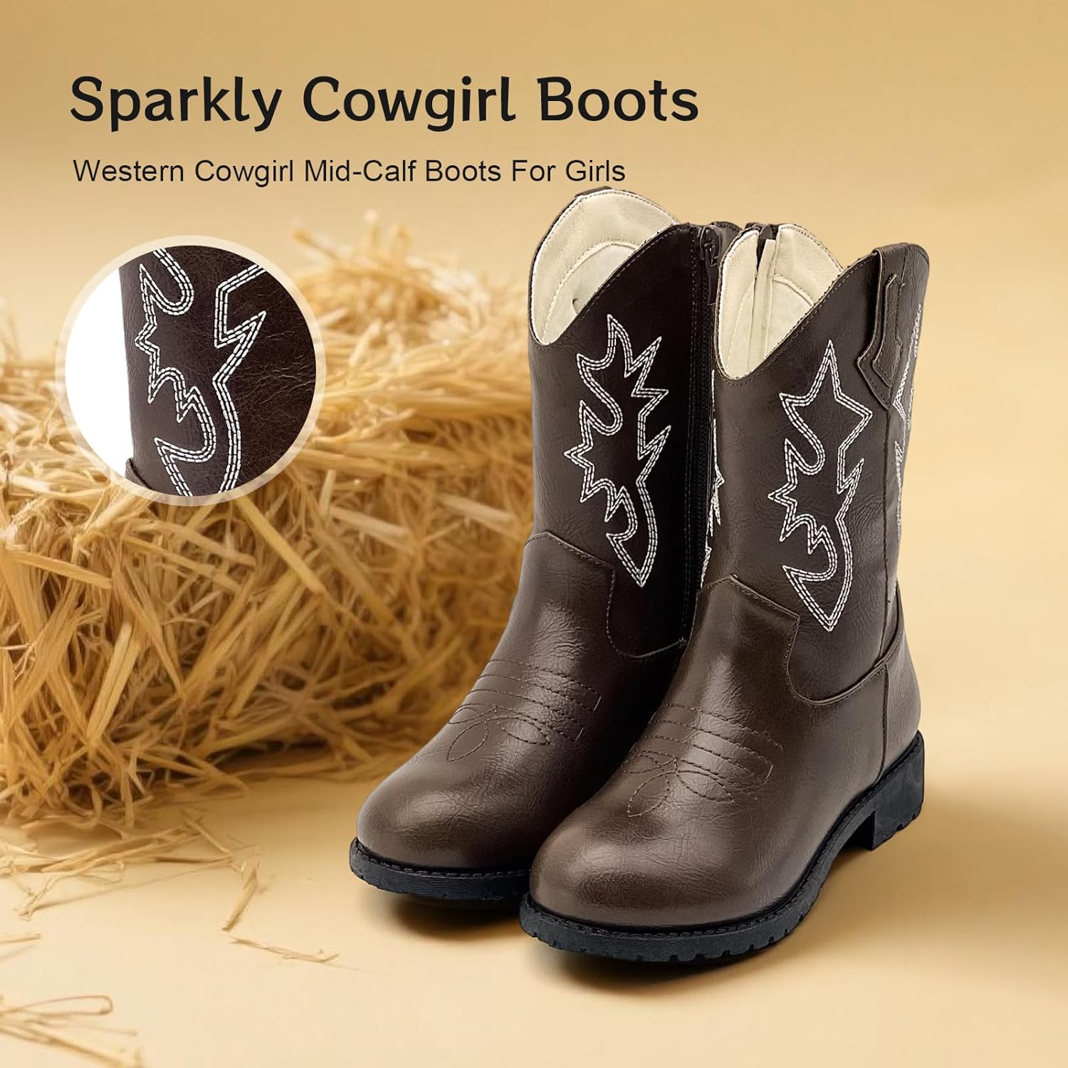Sparkly Girls Cowgirl Boots Glitter Cowboy Dress Boots for Little To Big Kid Mid Calf Round Toe Birthday Horse Riding
